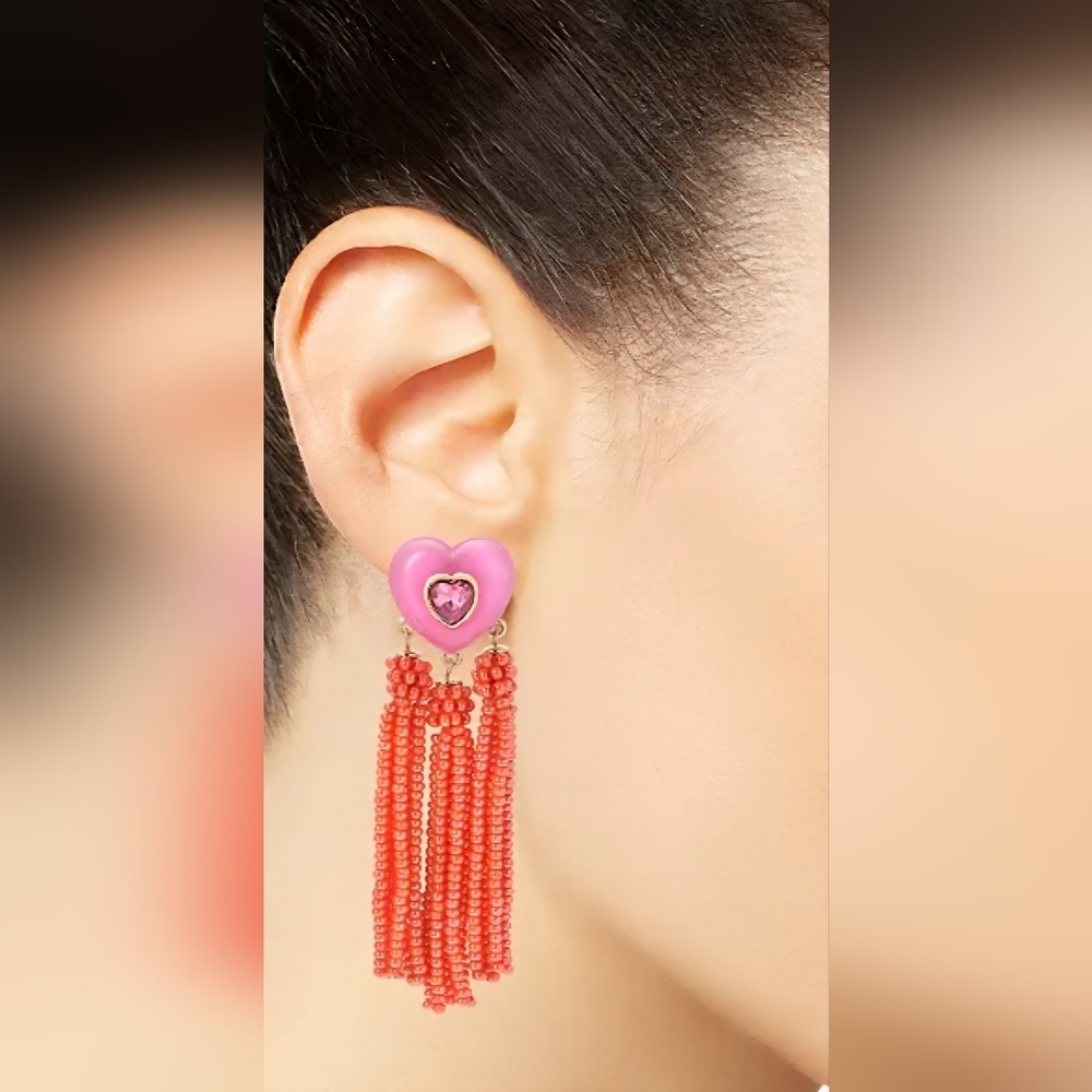 On 34th Gold-Tone Crystal Heart & Beaded Fringe Drop Earrings